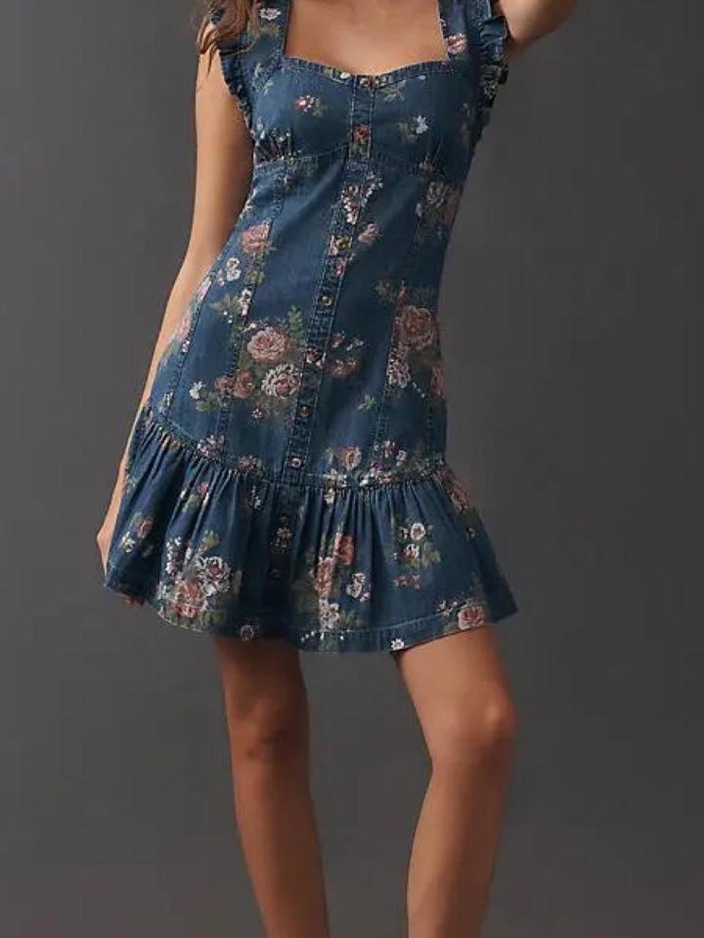 Pilcro Blue Denim Dress with Pink Floral Print